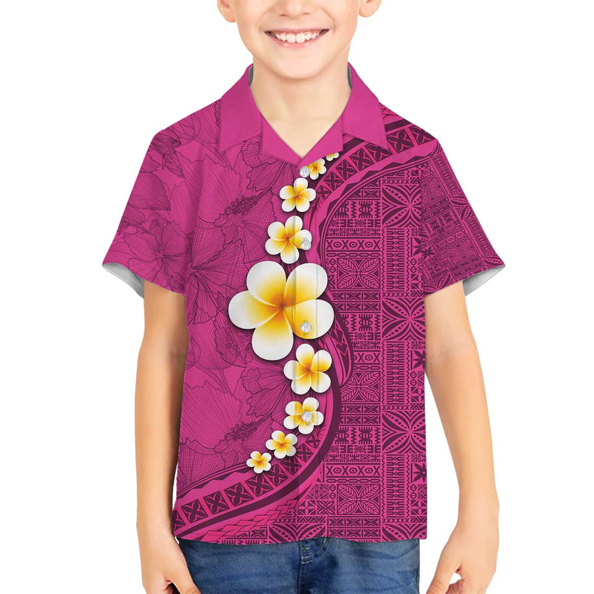 Polynesian Hibiscus and Plumeria with Tapa Pattern Family Matching Off Shoulder Short Dress and Hawaiian Shirt Pink Color LT03 Son's Shirt Pink - Polynesian Pride