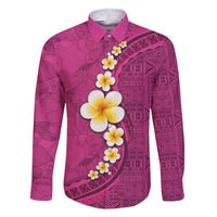 Polynesian Hibiscus and Plumeria with Tapa Pattern Family Matching Short Sleeve Bodycon Dress and Hawaiian Shirt Pink Color LT03 Dad's Shirt - Long Sleeve Pink - Polynesian Pride