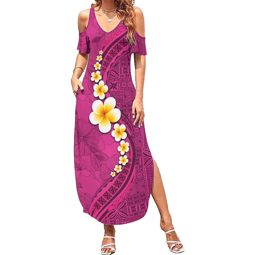 Polynesian Hibiscus and Plumeria with Tapa Pattern Family Matching Summer Maxi Dress and Hawaiian Shirt Pink Color LT03 Mom's Dress Pink - Polynesian Pride