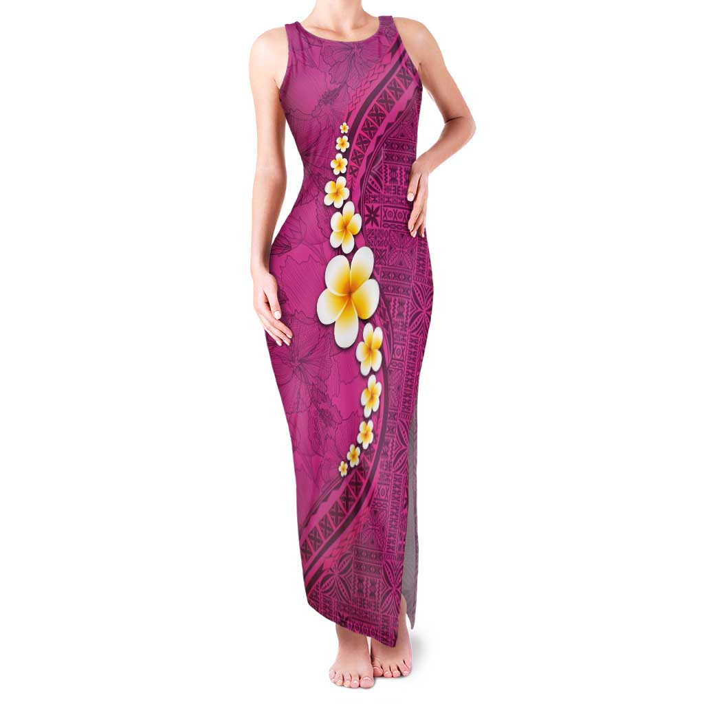 Polynesian Hibiscus and Plumeria with Tapa Pattern Family Matching Tank Maxi Dress and Hawaiian Shirt Pink Color LT03 Mom's Dress Pink - Polynesian Pride