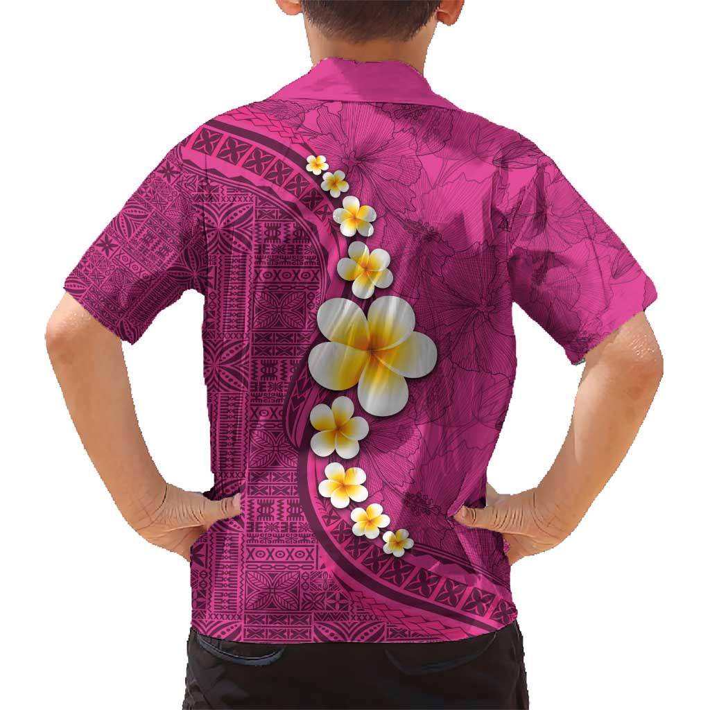 Polynesian Hibiscus and Plumeria with Tapa Pattern Kid Hawaiian Shirt Pink Color