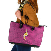 Polynesian Hibiscus and Plumeria with Tapa Pattern Leather Tote Bag Pink Color