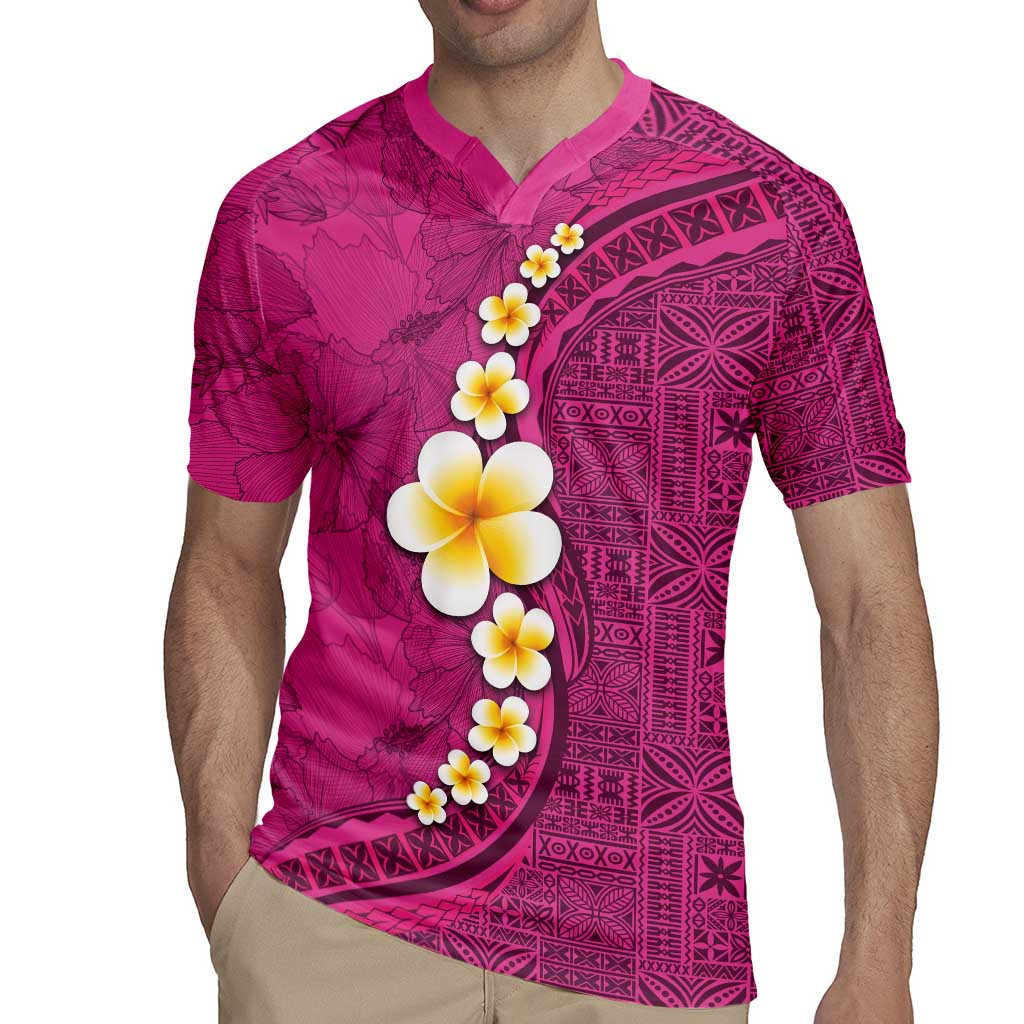 Polynesian Hibiscus and Plumeria with Tapa Pattern Rugby Jersey Pink Color
