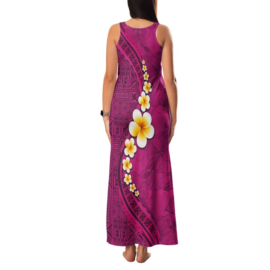 Polynesian Hibiscus and Plumeria with Tapa Pattern Tank Maxi Dress Pink Color