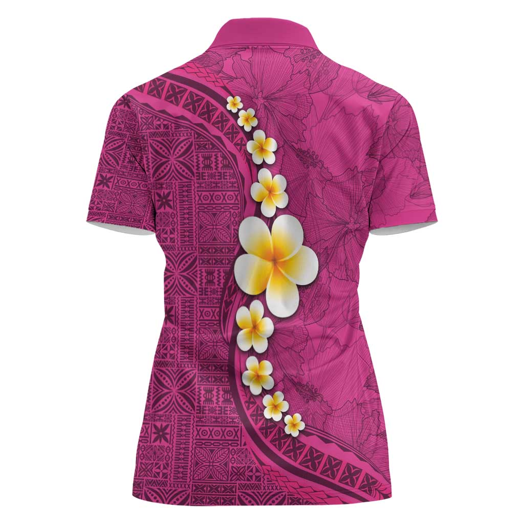 Polynesian Hibiscus and Plumeria with Tapa Pattern Women Polo Shirt Pink Color