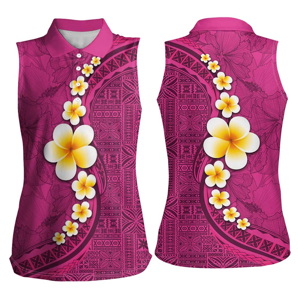 Polynesian Hibiscus and Plumeria with Tapa Pattern Women Sleeveless Polo Shirt Pink Color LT03 - Polynesian Pride