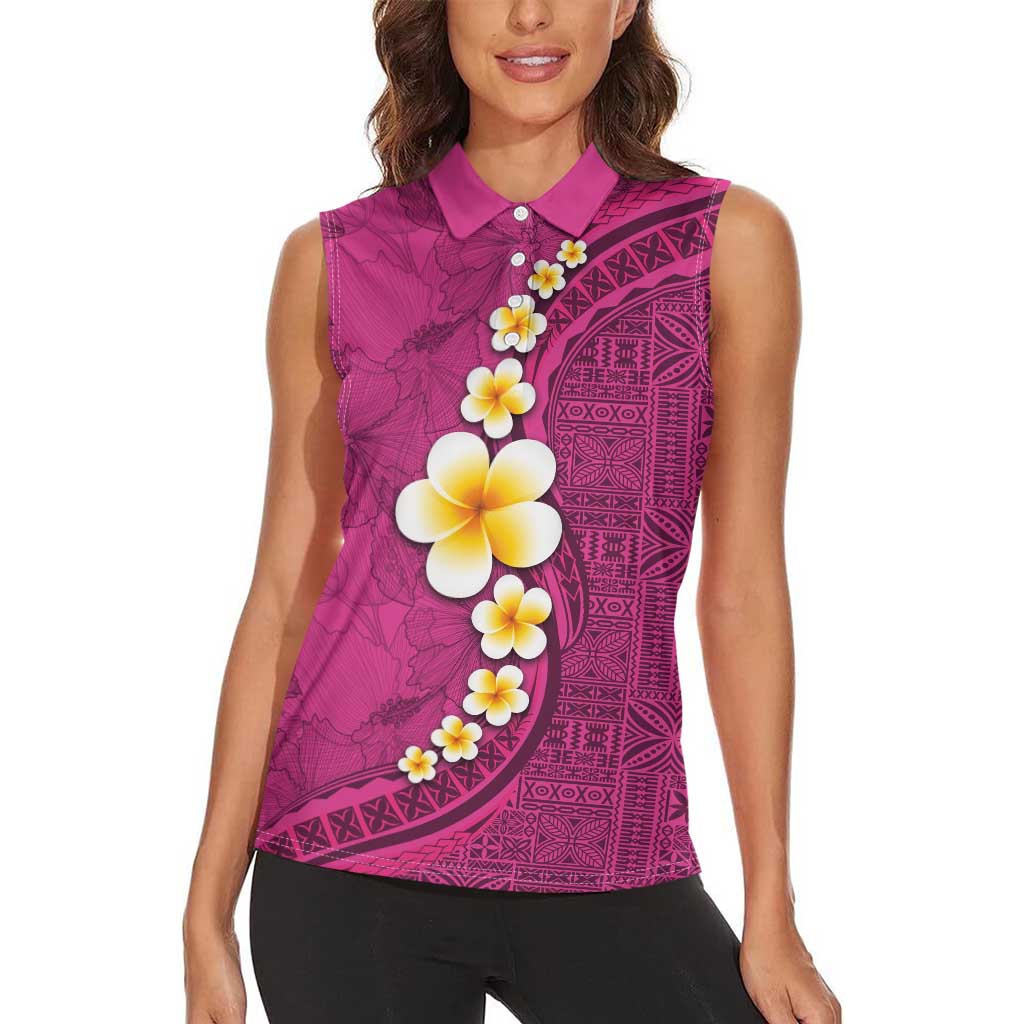 Polynesian Hibiscus and Plumeria with Tapa Pattern Women Sleeveless Polo Shirt Pink Color LT03 - Polynesian Pride