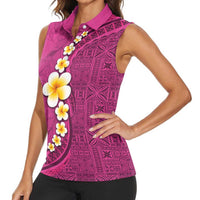 Polynesian Hibiscus and Plumeria with Tapa Pattern Women Sleeveless Polo Shirt Pink Color LT03 - Polynesian Pride