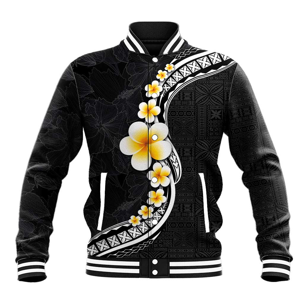 Pacific Hibiscus and Plumeria with Tapa Pattern Baseball Jacket Black Color