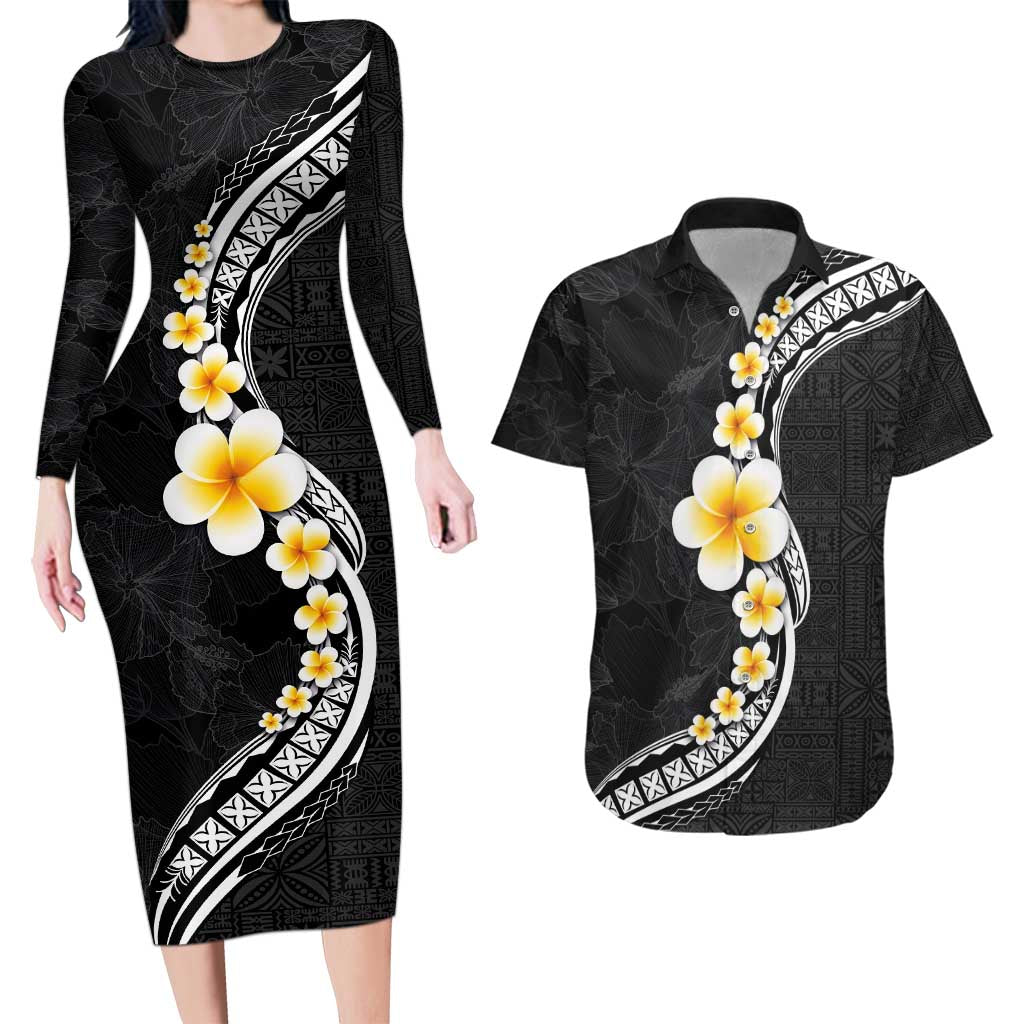 Pacific Hibiscus and Plumeria with Tapa Pattern Couples Matching Long Sleeve Bodycon Dress and Hawaiian Shirt Black Color LT03 Black - Polynesian Pride