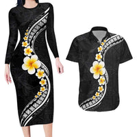 Pacific Hibiscus and Plumeria with Tapa Pattern Couples Matching Long Sleeve Bodycon Dress and Hawaiian Shirt Black Color LT03 Black - Polynesian Pride
