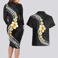 Pacific Hibiscus and Plumeria with Tapa Pattern Couples Matching Long Sleeve Bodycon Dress and Hawaiian Shirt Black Color LT03 - Polynesian Pride