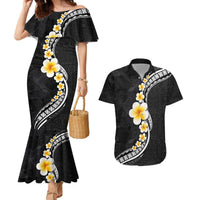 Pacific Hibiscus and Plumeria with Tapa Pattern Couples Matching Mermaid Dress and Hawaiian Shirt Black Color LT03 Black - Polynesian Pride