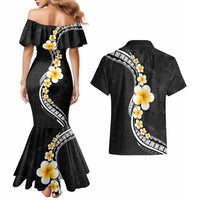 Pacific Hibiscus and Plumeria with Tapa Pattern Couples Matching Mermaid Dress and Hawaiian Shirt Black Color LT03 - Polynesian Pride