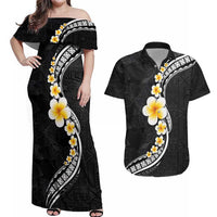 Pacific Hibiscus and Plumeria with Tapa Pattern Couples Matching Off Shoulder Maxi Dress and Hawaiian Shirt Black Color LT03 Black - Polynesian Pride