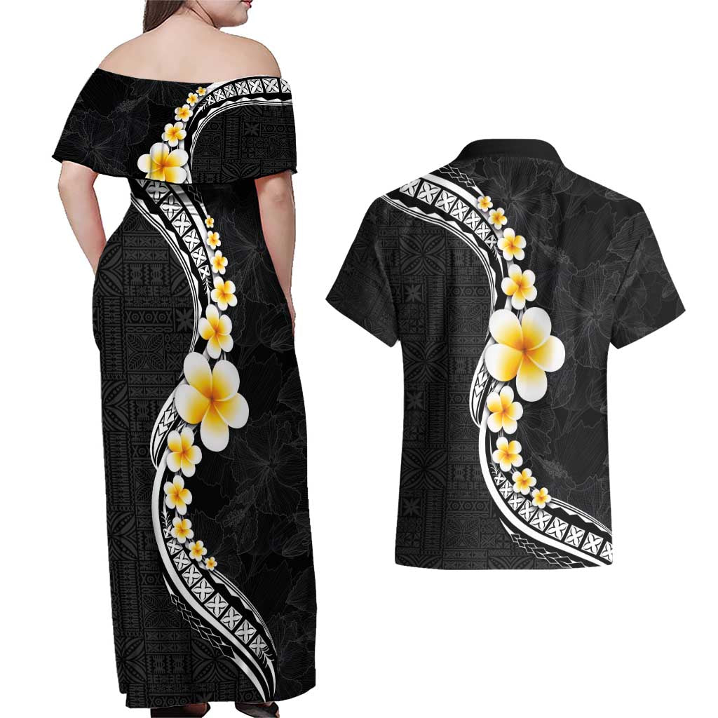 Pacific Hibiscus and Plumeria with Tapa Pattern Couples Matching Off Shoulder Maxi Dress and Hawaiian Shirt Black Color LT03 - Polynesian Pride