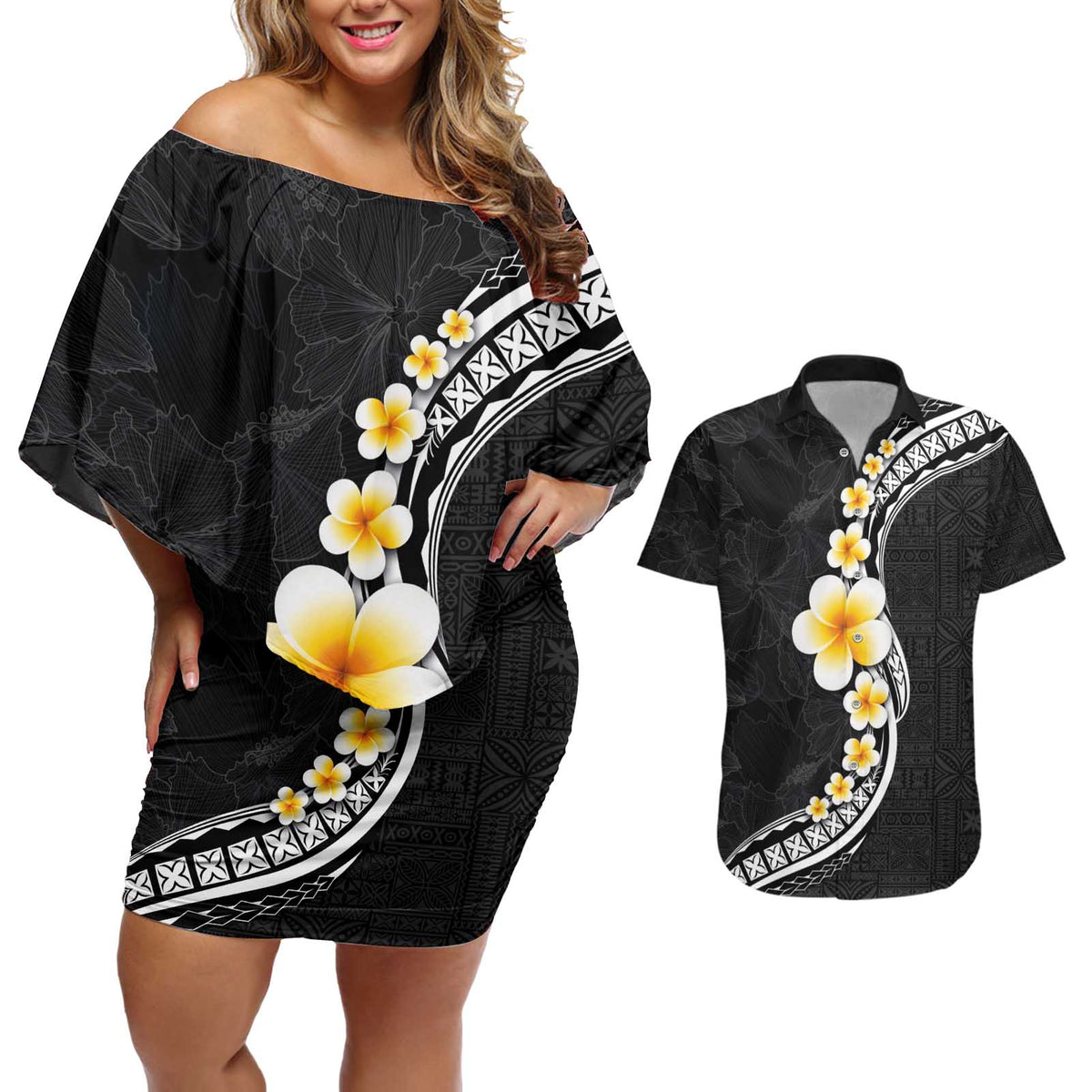 Pacific Hibiscus and Plumeria with Tapa Pattern Couples Matching Off Shoulder Short Dress and Hawaiian Shirt Black Color LT03 Black - Polynesian Pride