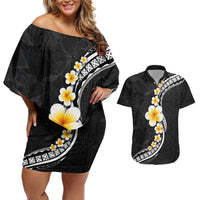 Pacific Hibiscus and Plumeria with Tapa Pattern Couples Matching Off Shoulder Short Dress and Hawaiian Shirt Black Color LT03 Black - Polynesian Pride