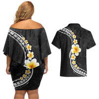 Pacific Hibiscus and Plumeria with Tapa Pattern Couples Matching Off Shoulder Short Dress and Hawaiian Shirt Black Color LT03 - Polynesian Pride