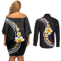 Pacific Hibiscus and Plumeria with Tapa Pattern Couples Matching Off Shoulder Short Dress and Long Sleeve Button Shirt Black Color