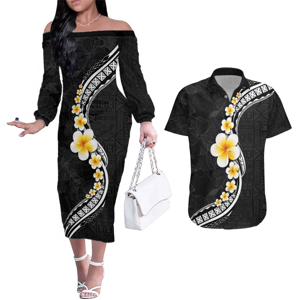 Pacific Hibiscus and Plumeria with Tapa Pattern Couples Matching Off The Shoulder Long Sleeve Dress and Hawaiian Shirt Black Color LT03 Black - Polynesian Pride
