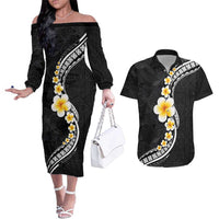 Pacific Hibiscus and Plumeria with Tapa Pattern Couples Matching Off The Shoulder Long Sleeve Dress and Hawaiian Shirt Black Color LT03 Black - Polynesian Pride