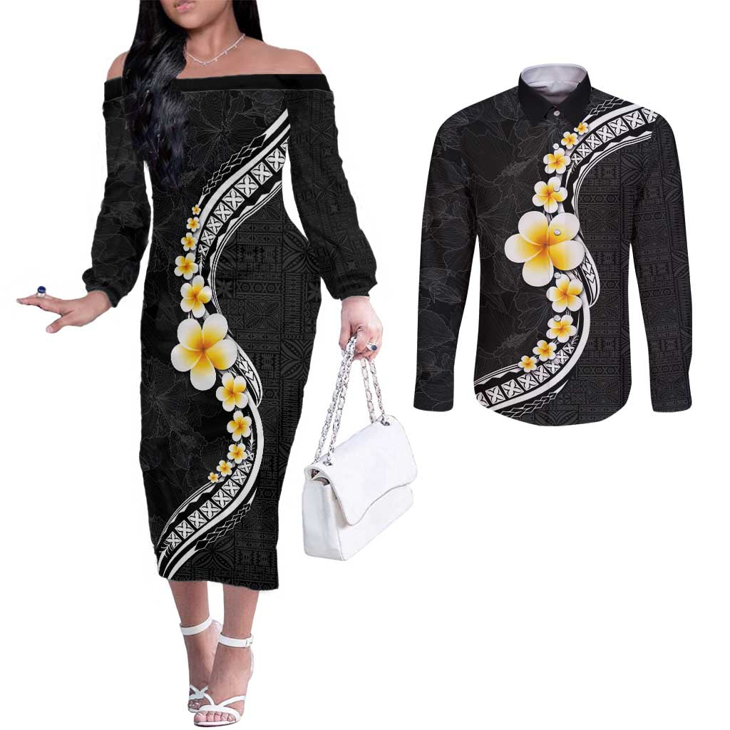 Pacific Hibiscus and Plumeria with Tapa Pattern Couples Matching Off The Shoulder Long Sleeve Dress and Long Sleeve Button Shirt Black Color LT03 Black - Polynesian Pride