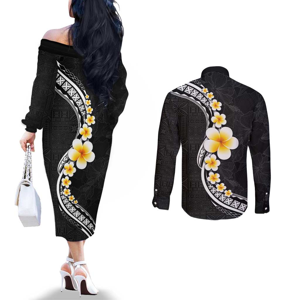 Pacific Hibiscus and Plumeria with Tapa Pattern Couples Matching Off The Shoulder Long Sleeve Dress and Long Sleeve Button Shirt Black Color LT03 - Polynesian Pride
