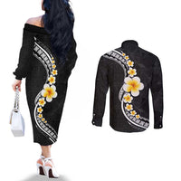 Pacific Hibiscus and Plumeria with Tapa Pattern Couples Matching Off The Shoulder Long Sleeve Dress and Long Sleeve Button Shirt Black Color LT03 - Polynesian Pride