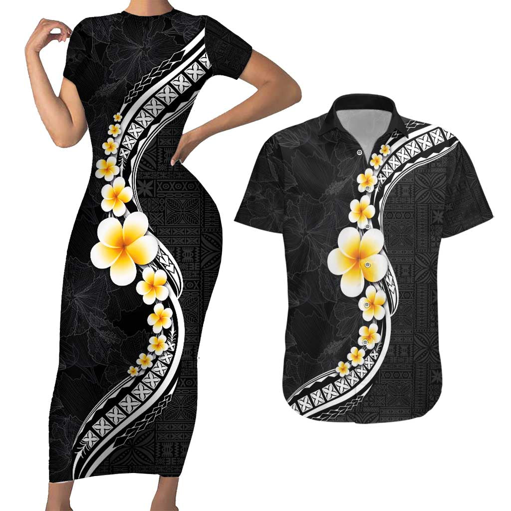 Pacific Hibiscus and Plumeria with Tapa Pattern Couples Matching Short Sleeve Bodycon Dress and Hawaiian Shirt Black Color LT03 Black - Polynesian Pride