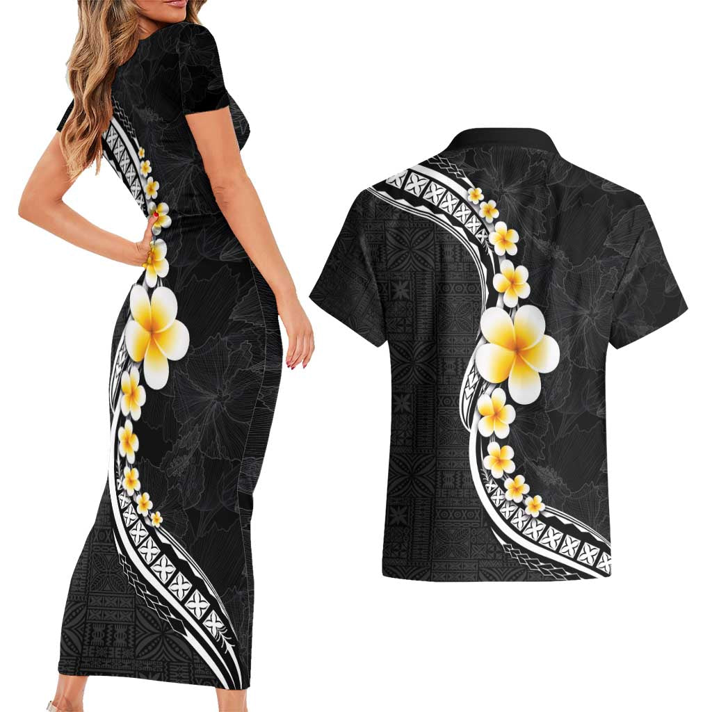 Pacific Hibiscus and Plumeria with Tapa Pattern Couples Matching Short Sleeve Bodycon Dress and Hawaiian Shirt Black Color LT03 - Polynesian Pride