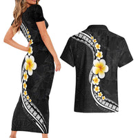 Pacific Hibiscus and Plumeria with Tapa Pattern Couples Matching Short Sleeve Bodycon Dress and Hawaiian Shirt Black Color LT03 - Polynesian Pride