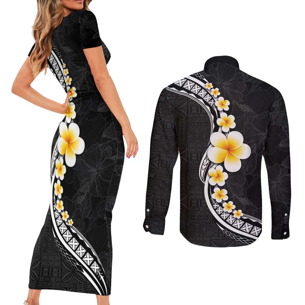 Pacific Hibiscus and Plumeria with Tapa Pattern Couples Matching Short Sleeve Bodycon Dress and Long Sleeve Button Shirt Black Color LT03 - Polynesian Pride