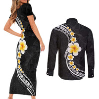 Pacific Hibiscus and Plumeria with Tapa Pattern Couples Matching Short Sleeve Bodycon Dress and Long Sleeve Button Shirt Black Color LT03 - Polynesian Pride