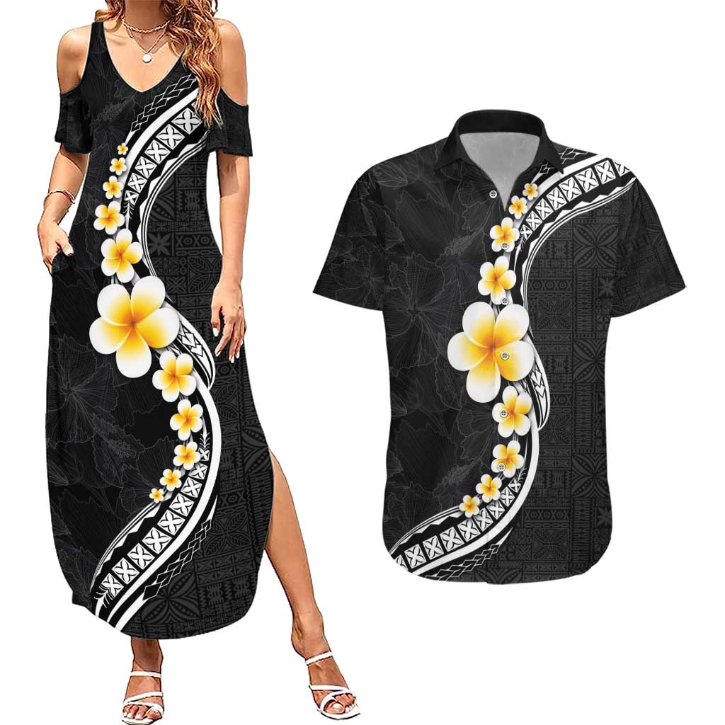 Pacific Hibiscus and Plumeria with Tapa Pattern Couples Matching Summer Maxi Dress and Hawaiian Shirt Black Color LT03 Black - Polynesian Pride