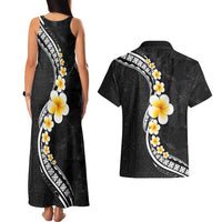 Pacific Hibiscus and Plumeria with Tapa Pattern Couples Matching Tank Maxi Dress and Hawaiian Shirt Black Color LT03 - Polynesian Pride