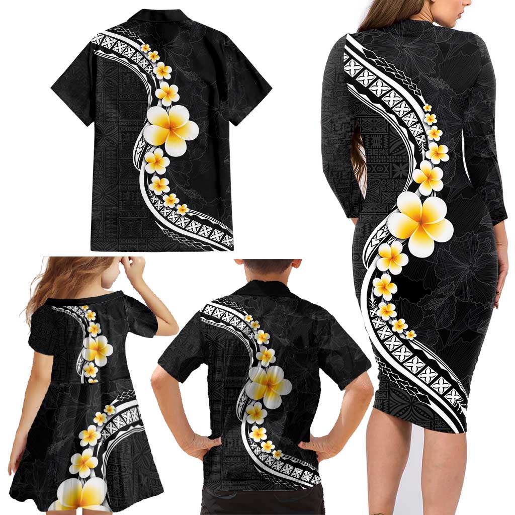 Pacific Hibiscus and Plumeria with Tapa Pattern Family Matching Long Sleeve Bodycon Dress and Hawaiian Shirt Black Color LT03 - Polynesian Pride