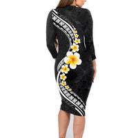 Pacific Hibiscus and Plumeria with Tapa Pattern Family Matching Long Sleeve Bodycon Dress and Hawaiian Shirt Black Color LT03 - Polynesian Pride
