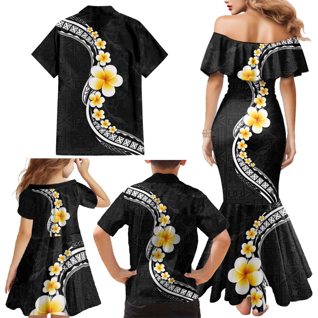 Pacific Hibiscus and Plumeria with Tapa Pattern Family Matching Mermaid Dress and Hawaiian Shirt Black Color LT03 - Polynesian Pride
