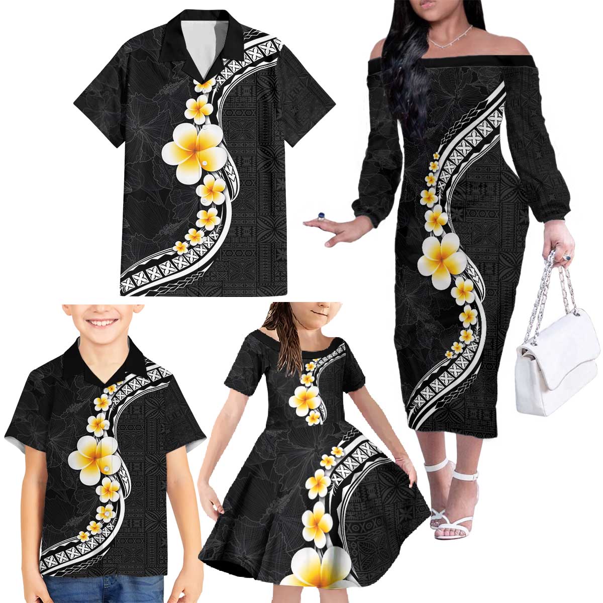 Pacific Hibiscus and Plumeria with Tapa Pattern Family Matching Off The Shoulder Long Sleeve Dress and Hawaiian Shirt Black Color LT03 - Polynesian Pride