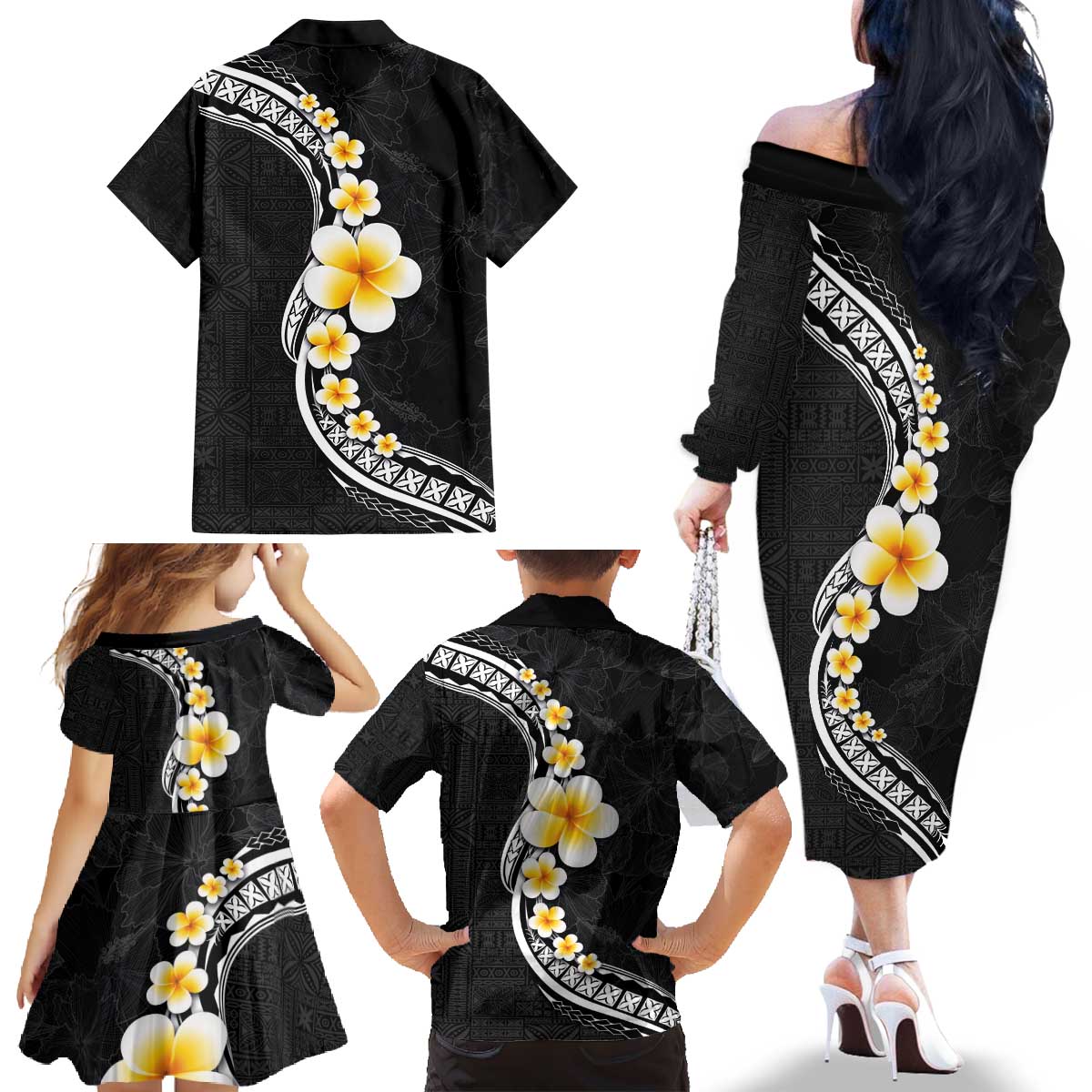 Pacific Hibiscus and Plumeria with Tapa Pattern Family Matching Off The Shoulder Long Sleeve Dress and Hawaiian Shirt Black Color LT03 - Polynesian Pride