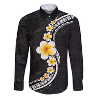 Pacific Hibiscus and Plumeria with Tapa Pattern Family Matching Off The Shoulder Long Sleeve Dress and Hawaiian Shirt Black Color LT03 Dad's Shirt - Long Sleeve Black - Polynesian Pride