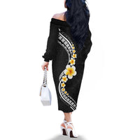 Pacific Hibiscus and Plumeria with Tapa Pattern Family Matching Off The Shoulder Long Sleeve Dress and Hawaiian Shirt Black Color LT03 - Polynesian Pride