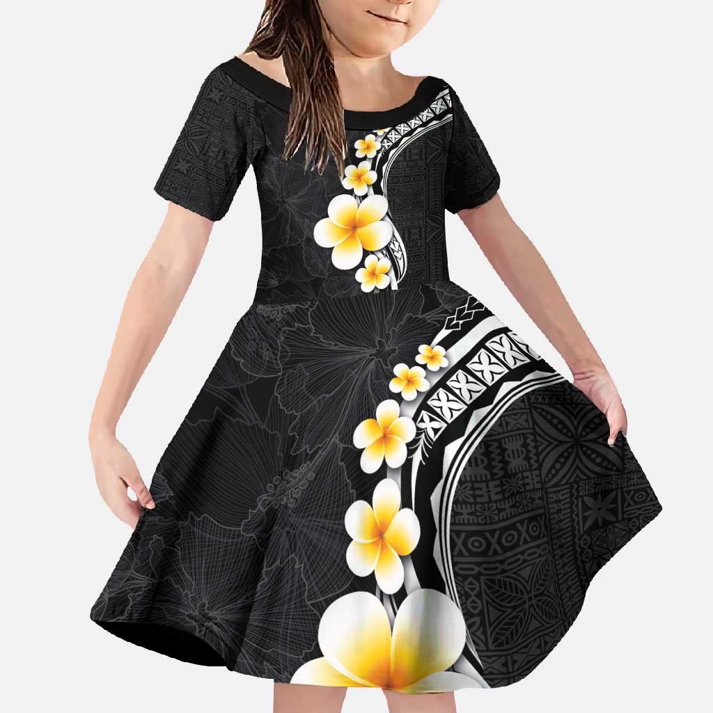 Pacific Hibiscus and Plumeria with Tapa Pattern Family Matching Off Shoulder Maxi Dress and Hawaiian Shirt Black Color LT03 Daughter's Dress Black - Polynesian Pride