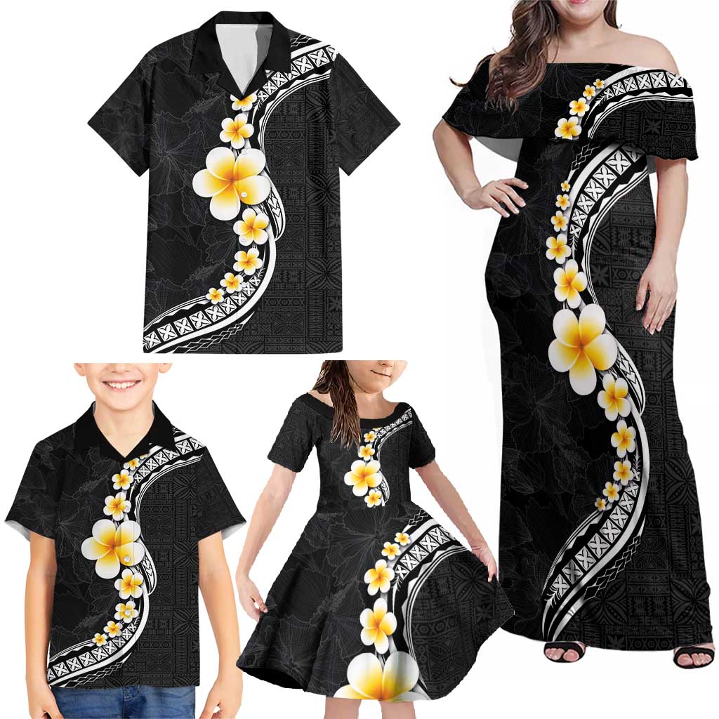 Pacific Hibiscus and Plumeria with Tapa Pattern Family Matching Off Shoulder Maxi Dress and Hawaiian Shirt Black Color LT03 - Polynesian Pride