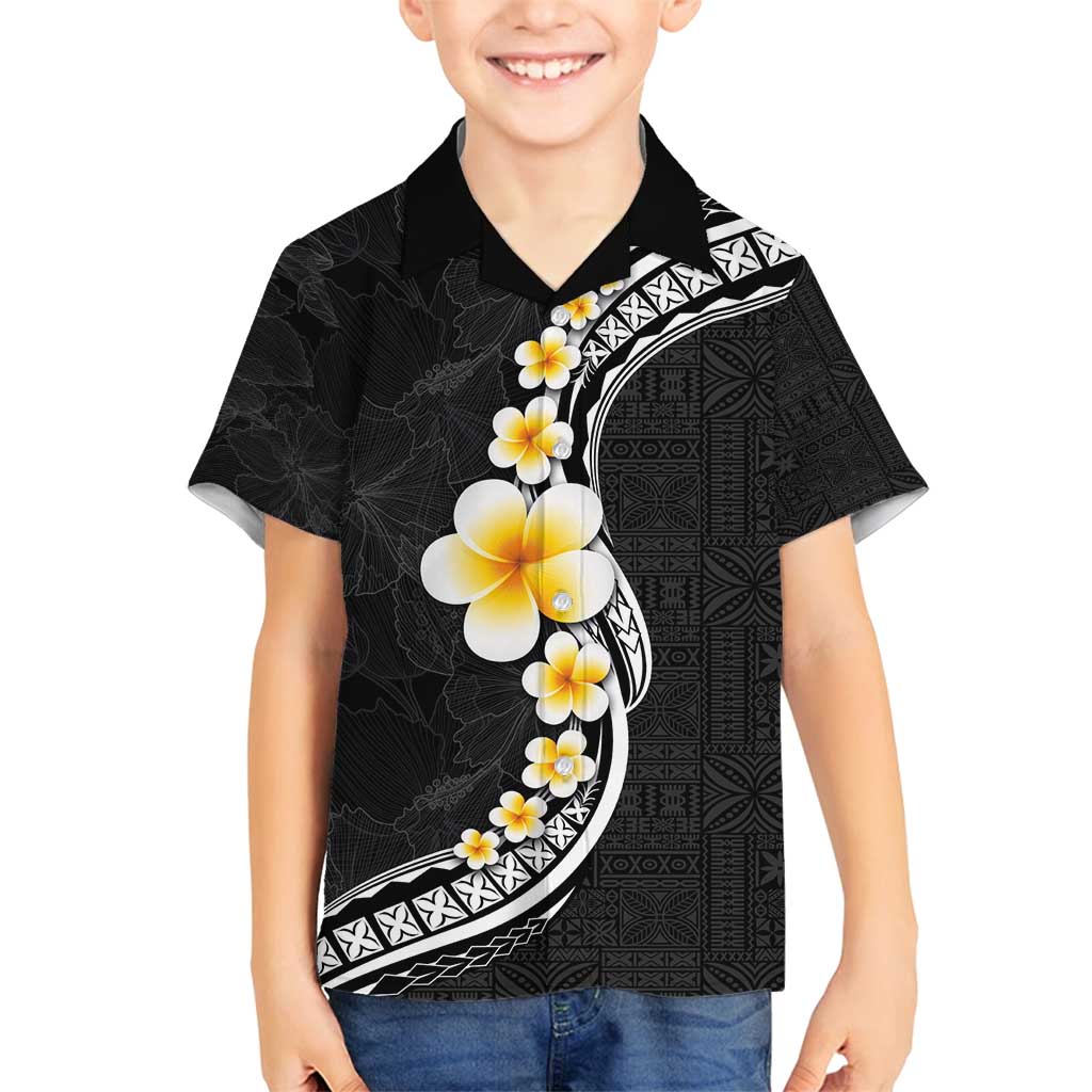Pacific Hibiscus and Plumeria with Tapa Pattern Family Matching Off Shoulder Maxi Dress and Hawaiian Shirt Black Color LT03 Son's Shirt Black - Polynesian Pride