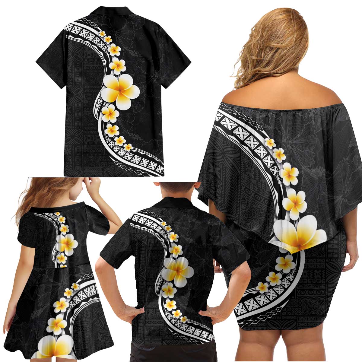 Pacific Hibiscus and Plumeria with Tapa Pattern Family Matching Off Shoulder Short Dress and Hawaiian Shirt Black Color LT03 - Polynesian Pride