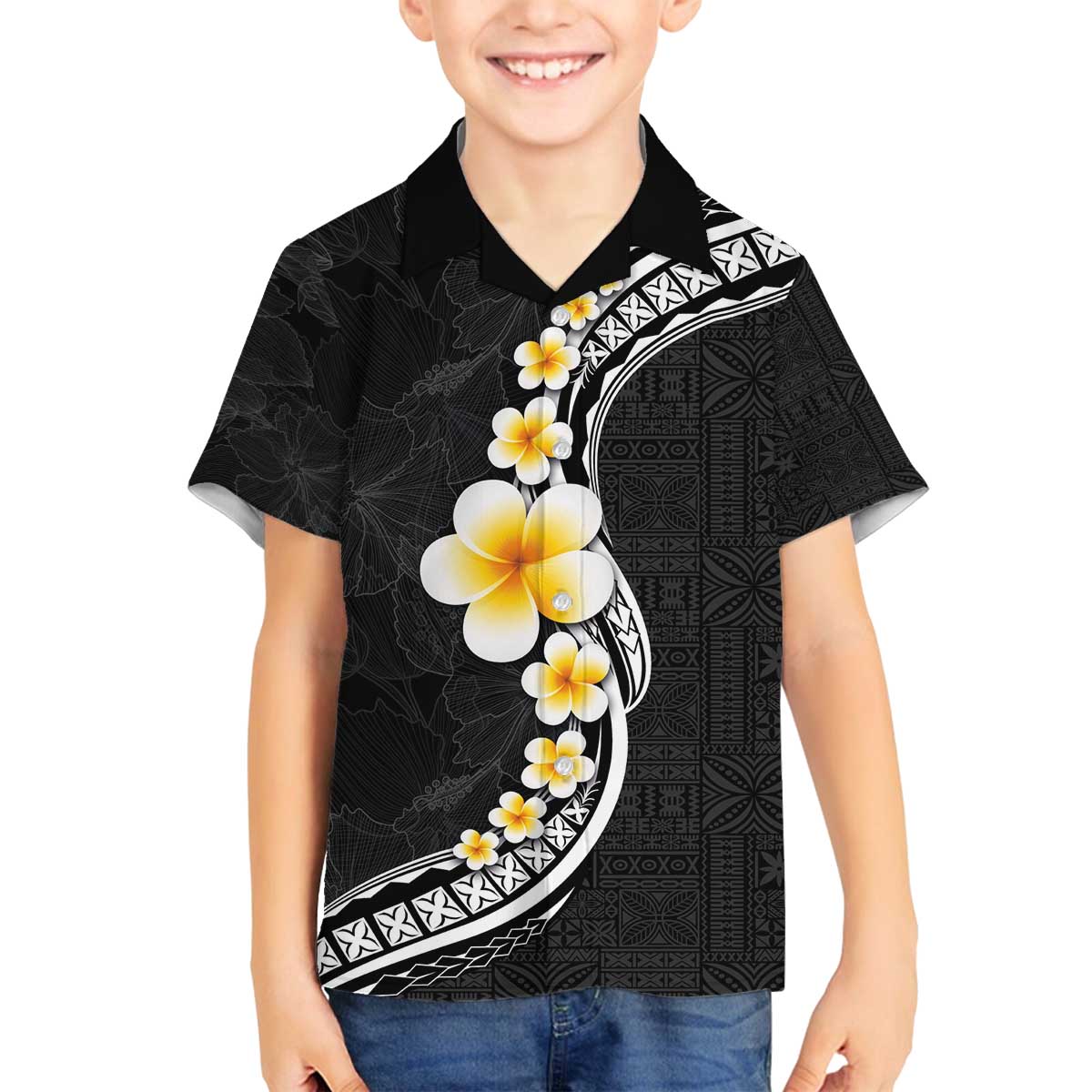 Pacific Hibiscus and Plumeria with Tapa Pattern Family Matching Off Shoulder Short Dress and Hawaiian Shirt Black Color LT03 Son's Shirt Black - Polynesian Pride