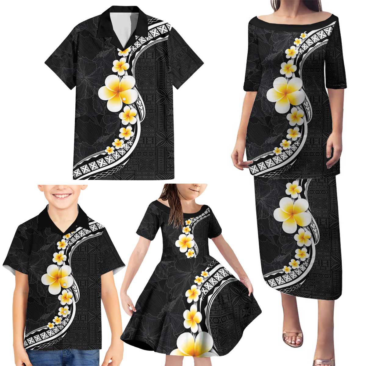 Pacific Hibiscus and Plumeria with Tapa Pattern Family Matching Puletasi and Hawaiian Shirt Black Color LT03 - Polynesian Pride