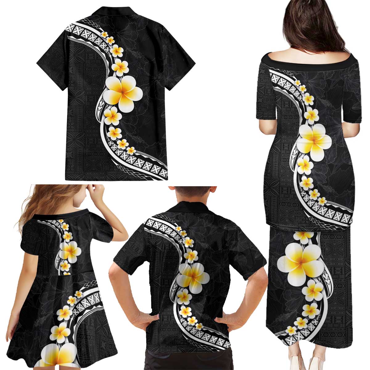 Pacific Hibiscus and Plumeria with Tapa Pattern Family Matching Puletasi and Hawaiian Shirt Black Color LT03 - Polynesian Pride